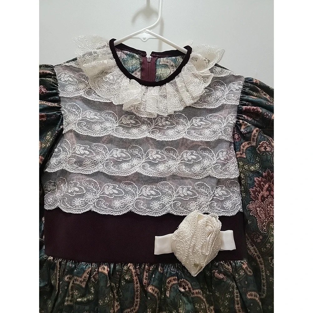 JAYNE COPELAND Girl Sz 8 Paisley Pattern, Lace Cottagecore Prairie Holiday Dress